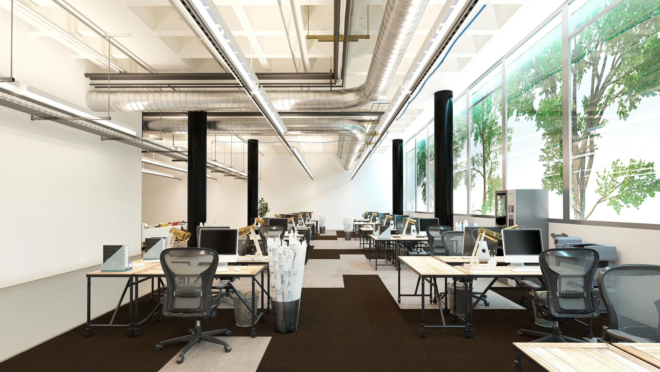 Modern open-plan office interior with industrial design