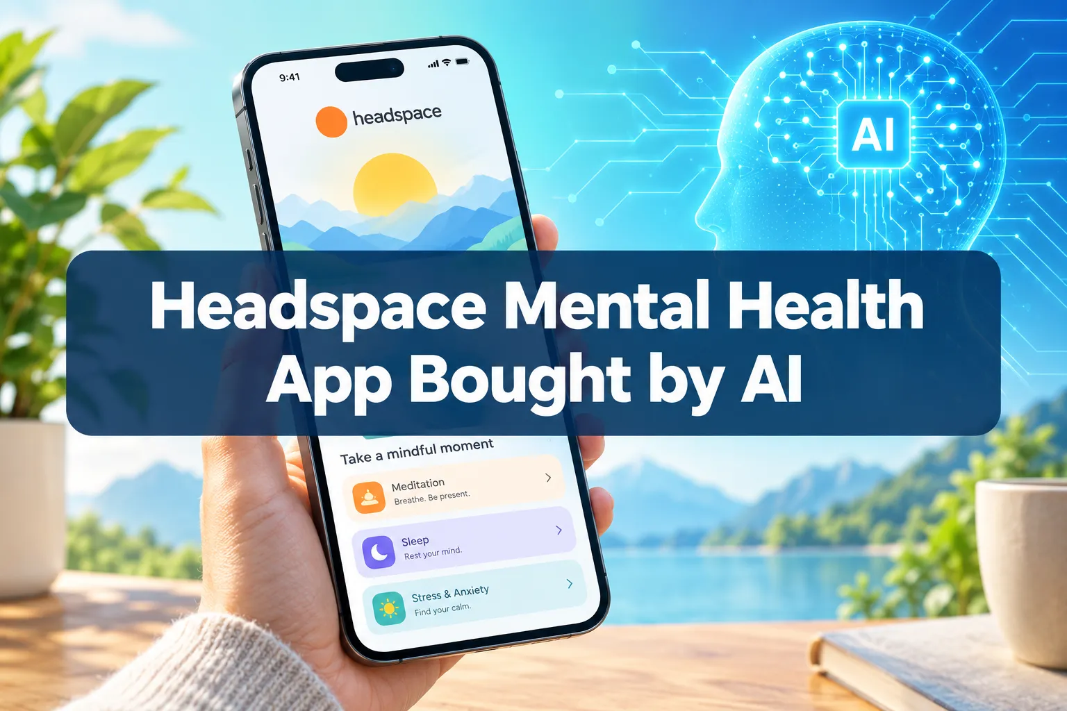 Professional () hero image with SHORT (≤42 chars): 'Headspace Mental Health App Bought by AI', white on a dark navy